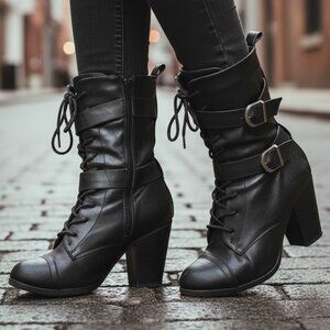 KACIA Model No. 327112 Women’s Black Leather Heeled Boots Size 8M